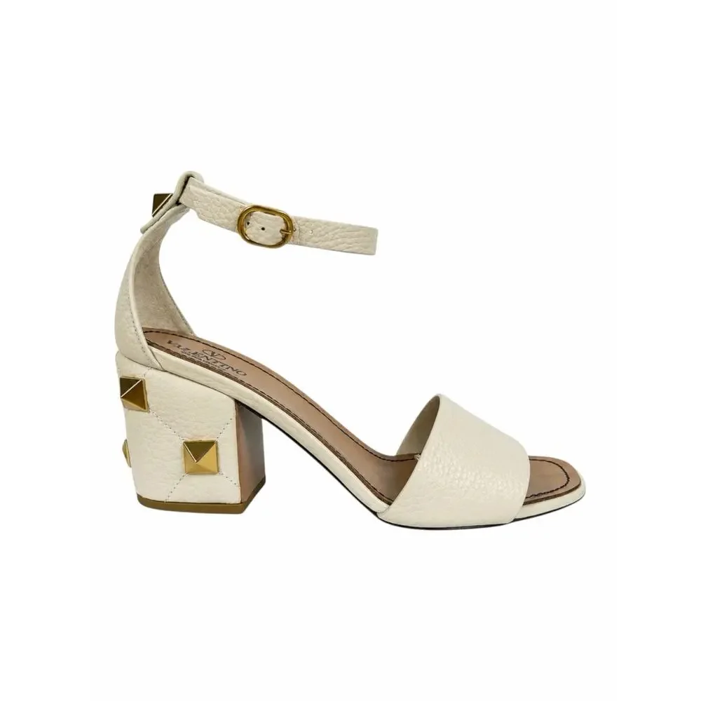 Valentino Garavani 75 Roman Stud Heel Leather Sandal Ivory Size 37.5